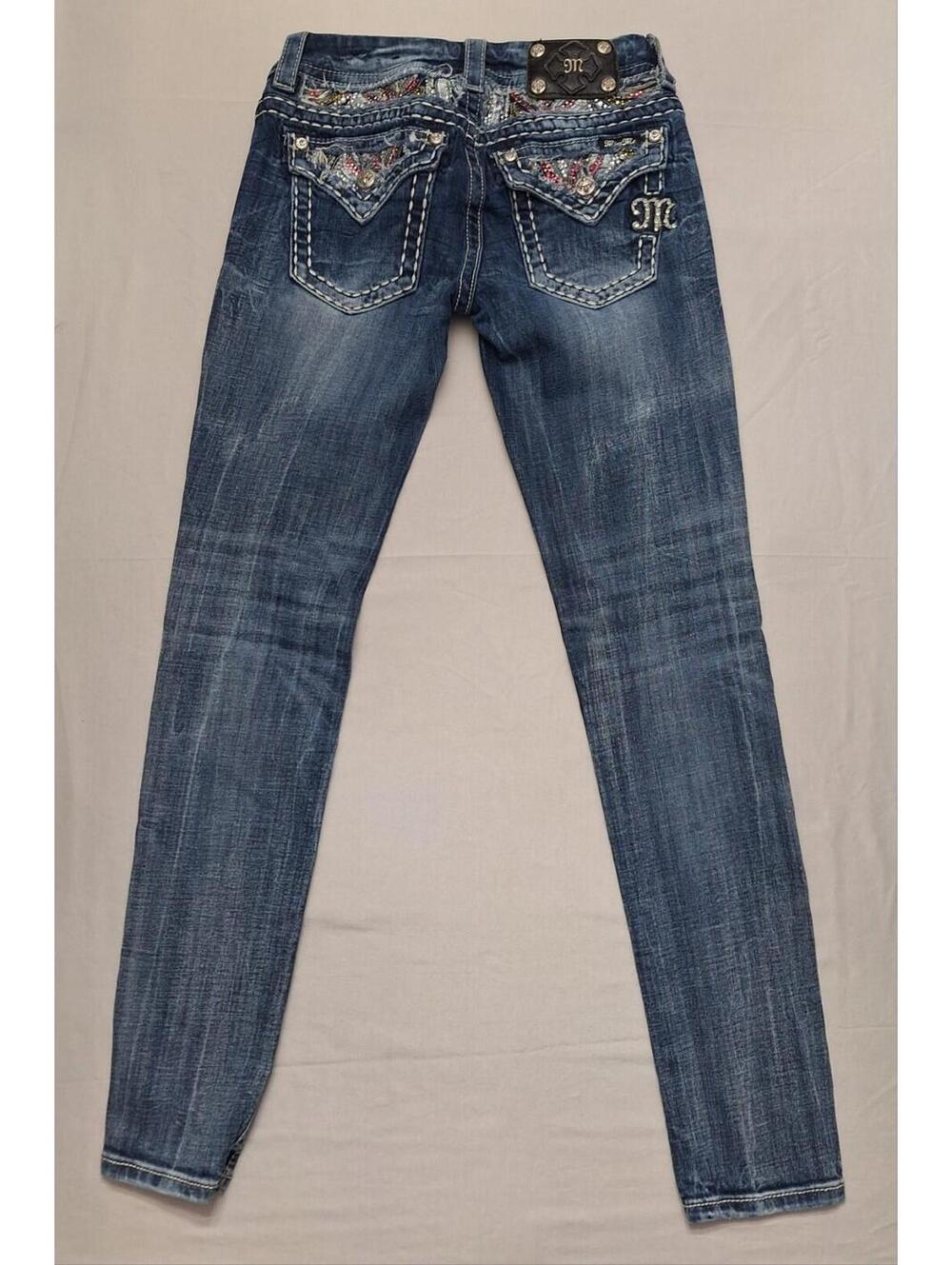 MISS ME Signature Skinny- Womens 27x29 Jeans Low Rise Sequin Jewel Bling EUC
